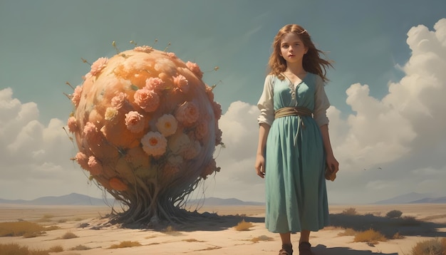 Vector a girl in a blue dress stands in a desert landscape with a large flowercovered orb creating a surreal and mysterious scene