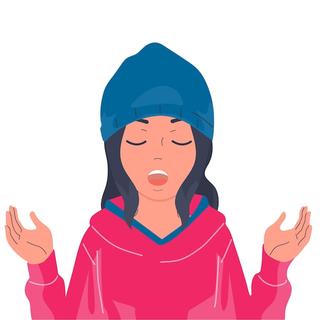 A girl in a blue hat is meditating Vector flat color