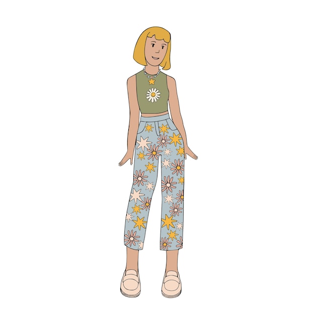 A girl in blue jeans with flowers and a green blouse with chamomile The girl has orange hair hippie groovy girl