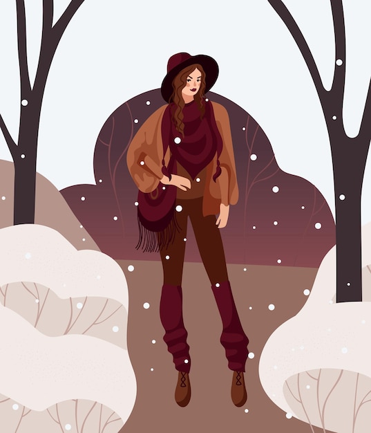 girl boho outfit walks winter park warm earthy colors Hat snowfall fringe portrait posters banners