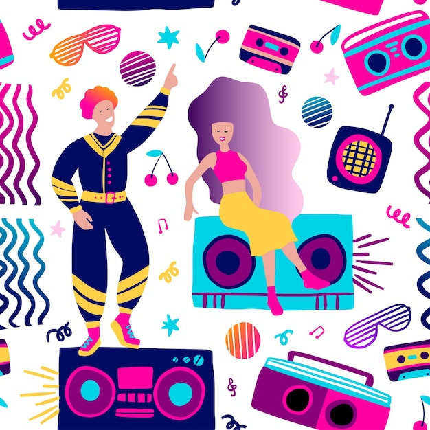 Vector girl and boy 80s disco seamless party pattern