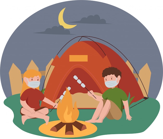 Girl and boy are camping together while keep using medical mask