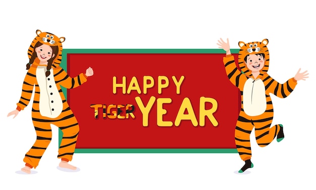 Vector girl and boy in carnival costume of tiger with place for text. child in party pyjamas. kid in jumpsuit or kigurumi, festive clothes for new year, christmas or holiday