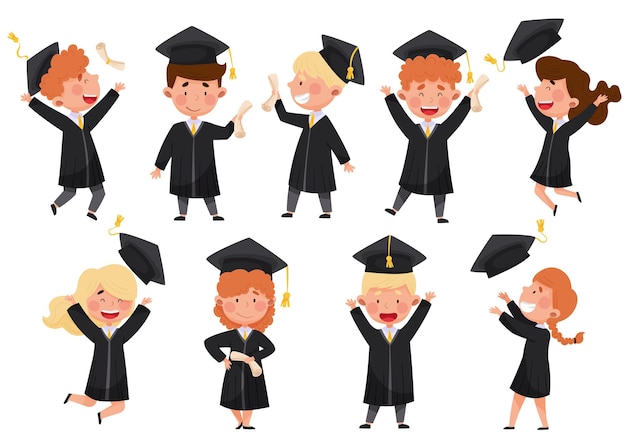 Girl and Boy Characters Wearing Academic Dresses or Gown and Square Academic Cap Cheering About Graduation Ceremony Vector Illustrations Set