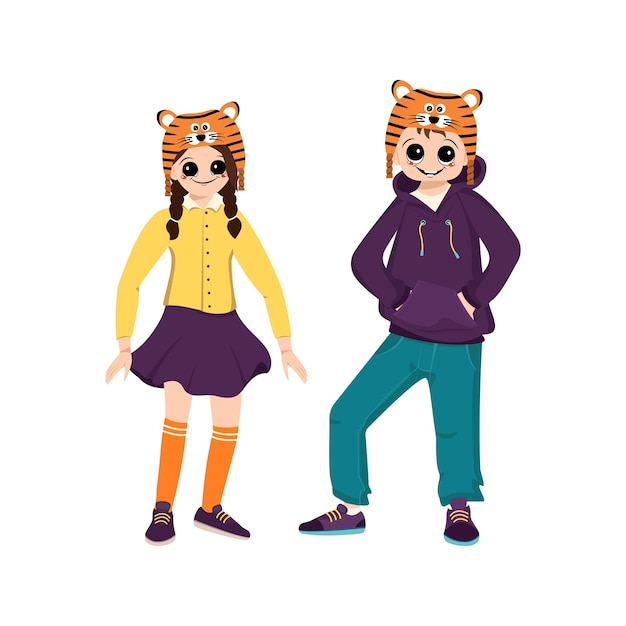 Vector girl and boy in orange hat of tiger children carnival party kids in costumes of animal for new year ...