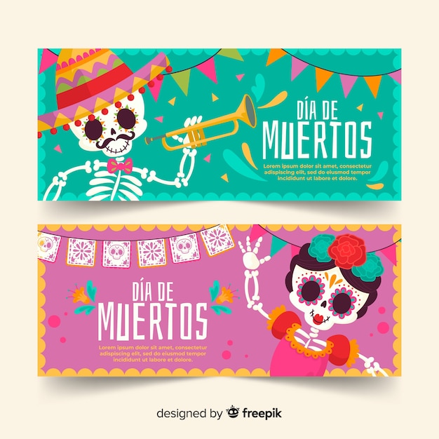 Girl and boy skeletons día de muertos banners