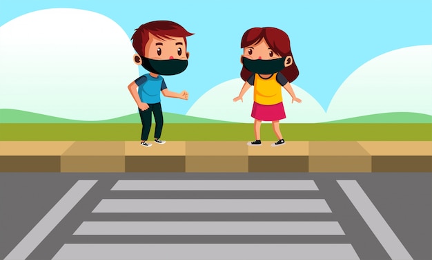 Girl and Boy wear mask trying to crossing the road