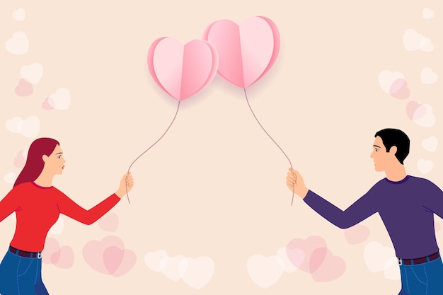 Girl and Boy with flying Valentine paper heart balloons. Love couple, empty blank background.