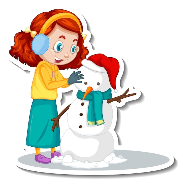 A girl building a snowman cartoon character sticker