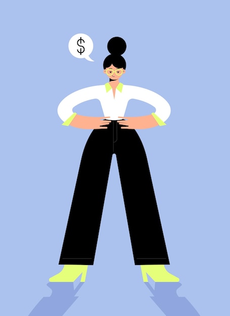 Girl in business trousers and a shirt shoes next to a bubble with a dollar sign