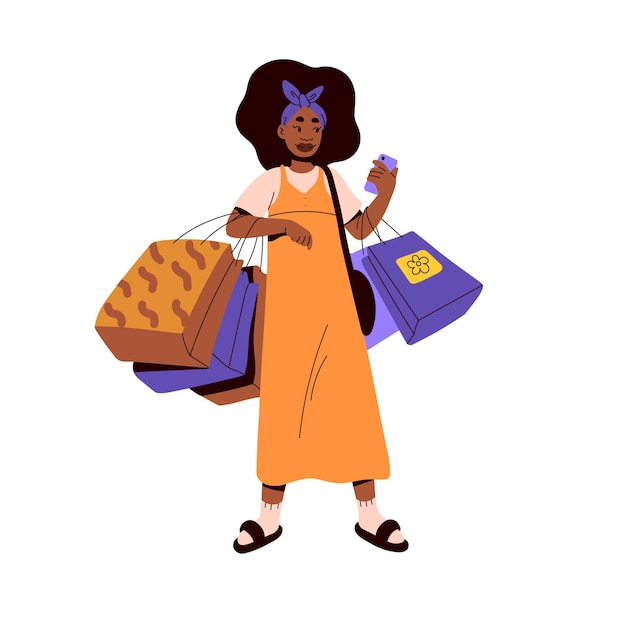 Girl buyer with shopping bags. Young black woman customer in modern fashion clothes with purchases.