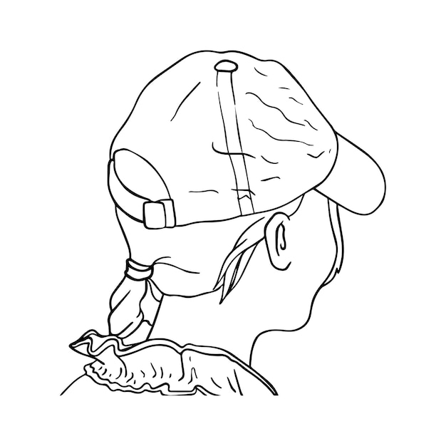 Girl in a cap with hair tied up in a ponytail man linear doodle cartoon coloring book