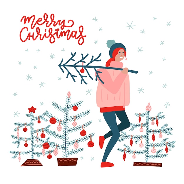 Girl Carrying a Christmas Tree. Merry Christmas and Happy New Year.