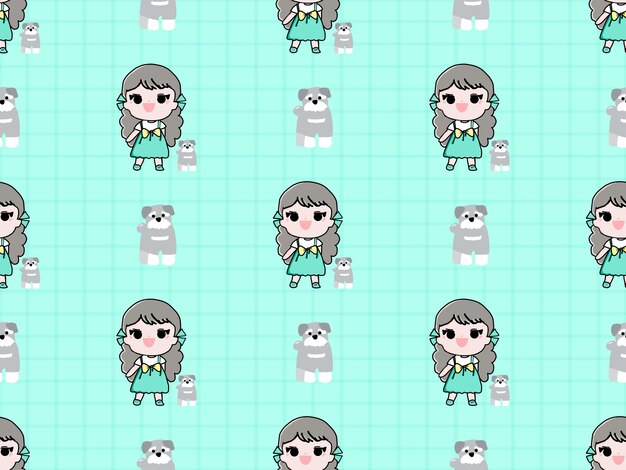 Girl cartoon character seamless pattern on green background