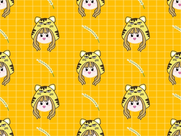 Girl cartoon character seamless pattern on yellow background