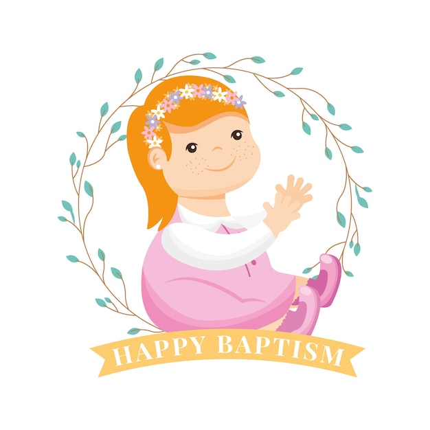 Girl cartoon between leaves crown. baptism card