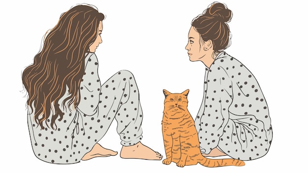 Vector a girl and a cat sit side by side