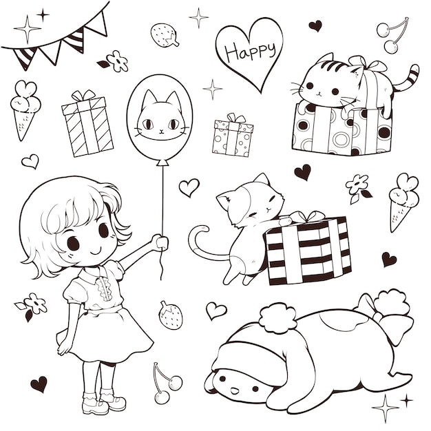 girl, cats and present doodle set