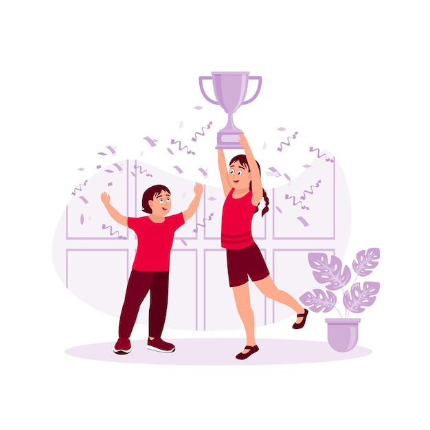 Girl celebrating success with a little boy Winning competence Trend Modern vector flat illustration