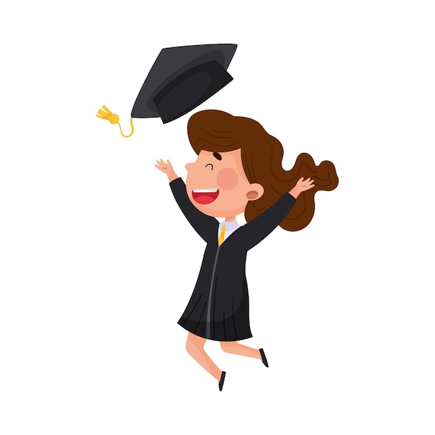 Girl Character in Academic Gown and Square Cap Cheering About Graduation Ceremony Vector Illustration