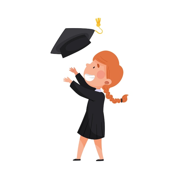 Girl Character in Academic Gown and Square Cap Cheering About Graduation Ceremony Vector Illustration