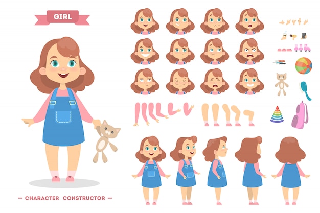 Girl character set with poses and eothions.