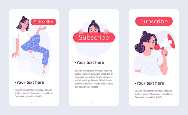 Girl characters with subscribe buttons Set of concepts