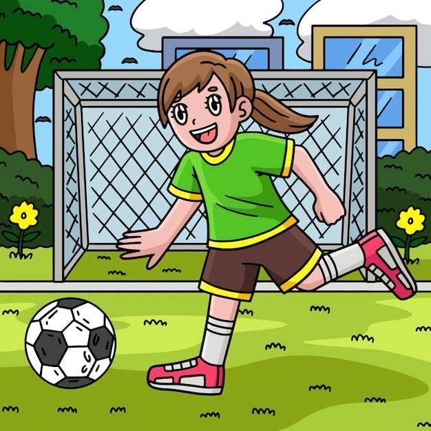 Girl Chasing a Soccer Ball Colored Cartoon