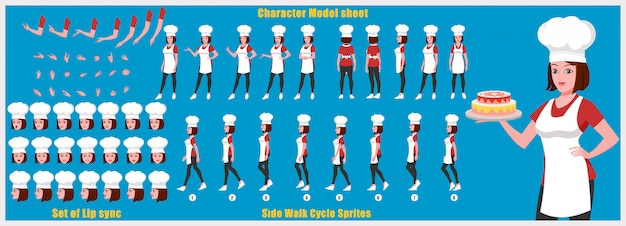 Girl Chef Character model sheet with walk cycle animations and lip syncing