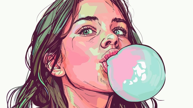 Vector girl chewing gum mixed media handdrawn vector isolated