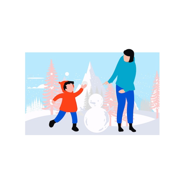 Vector girl and child making a snowman