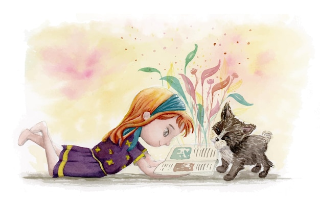 Girl child reading a fantasy book with her dog watercolor illustration