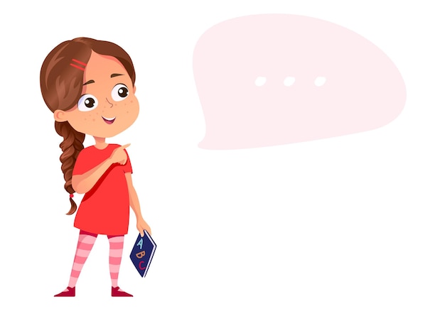 Girl child with book point at speech bubble