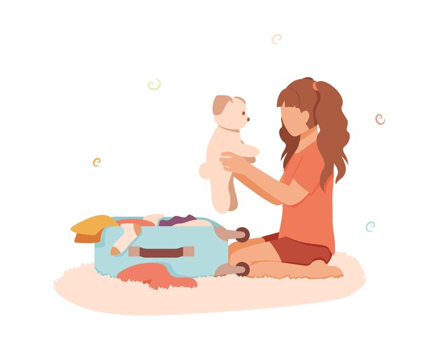 Girl choosing clothes for voyage preparing toys clothes for vacation Child wants to take dog on trip Traveling with pet Mess in suitcase Color vector illustration in flat style