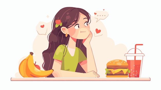 Vector girl choosing between healthy and unhealthy food concept