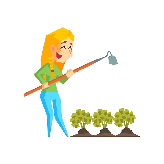 Girl Chopping Garden Bed Primitive Geometric Cartoon Style Flat Vector Design Isolated Illustration