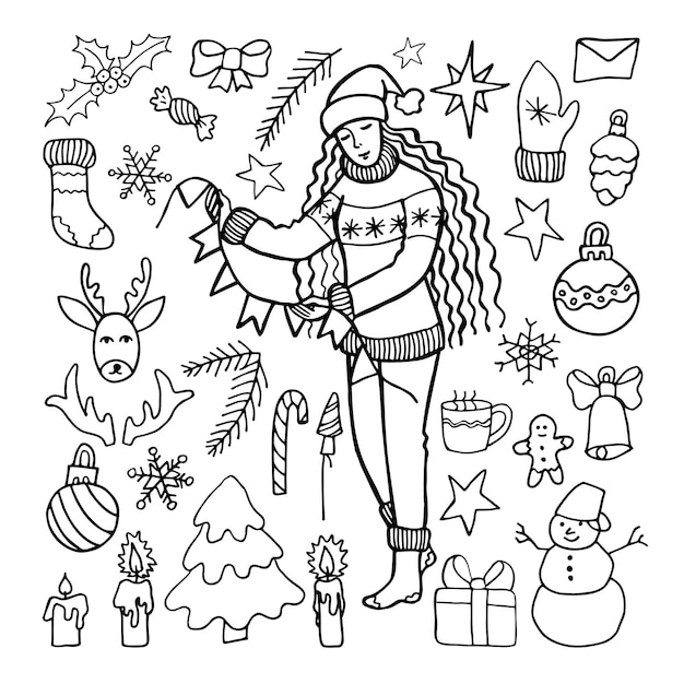 Girl and Christmas, black and white drawing in doodle style.