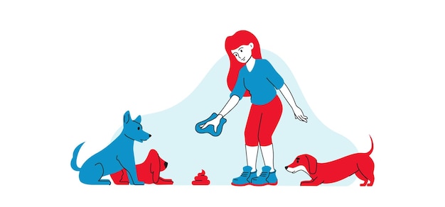 Girl clean up after dog Woman picking up dog excrement with a bag flat line graphic style