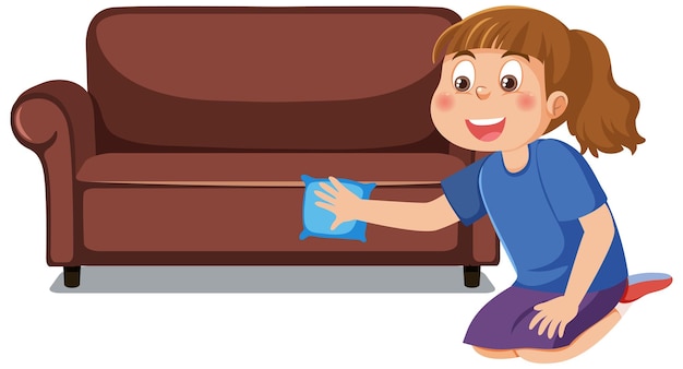 Girl cleaning sofa isolated