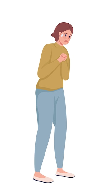 Girl clenches hands together semi flat color vector character. Standing figure. Full body person on white. Nervous situation isolated modern cartoon style illustration for graphic design and animation