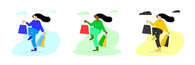 Girl in cloud yellow, blue, green dress is returning from shopping in flat style. Flat illustration