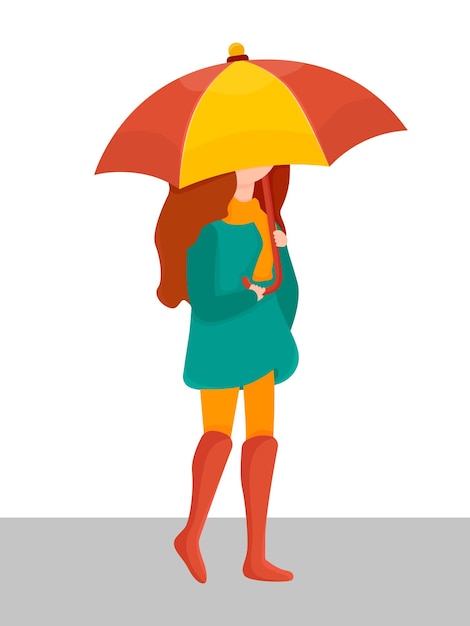 Vector the girl in a coat and scarf walks under an umbrella rainy weather