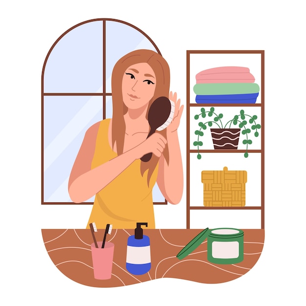 Girl combing her hair in front of the mirror. Morning everyday routine. Modern vector flat illustration isolated on a white background.