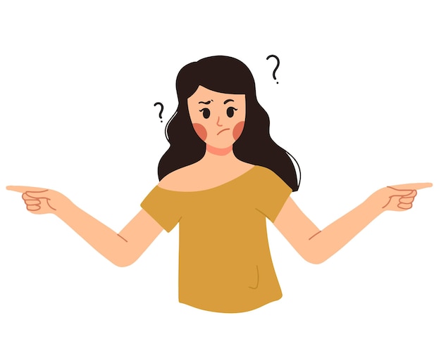 Vector girl confused going to left or right with question mark and hand gesture illustration