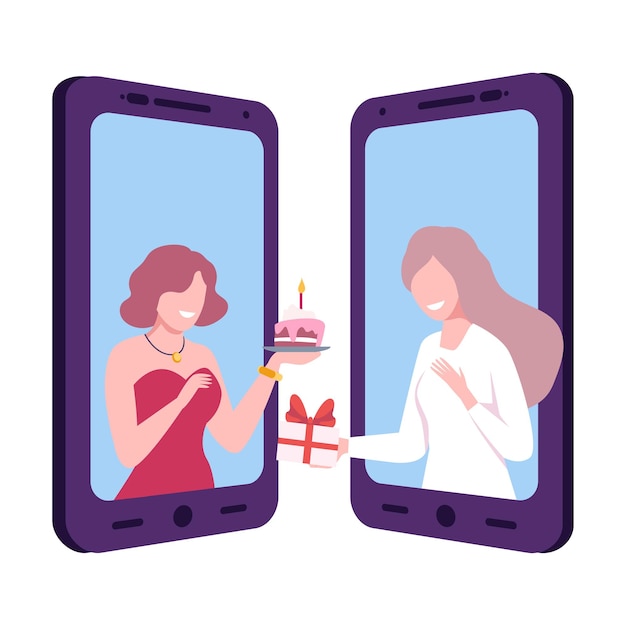 Girl Congratulating Her Girlfriend Happy Birthday Via Smartphone Two Mobile Phones Facing Each Other Flat Vector Illustration