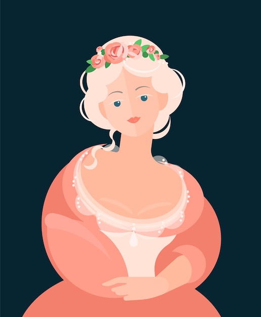 A girl in a coral dress with lace from the 18-19th century. A wreath of flowers on the head. Noble portrait. Colorful  illustration in flat cartoon style.