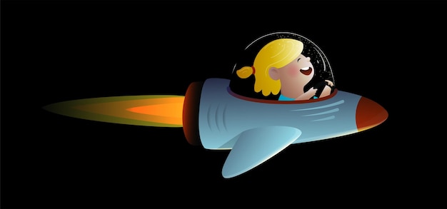 Girl Cosmonaut in outer space funny cartoon kids character Little girl in outer space driving spacecraft Kids clipart isolated on black background Vector in watercolor style