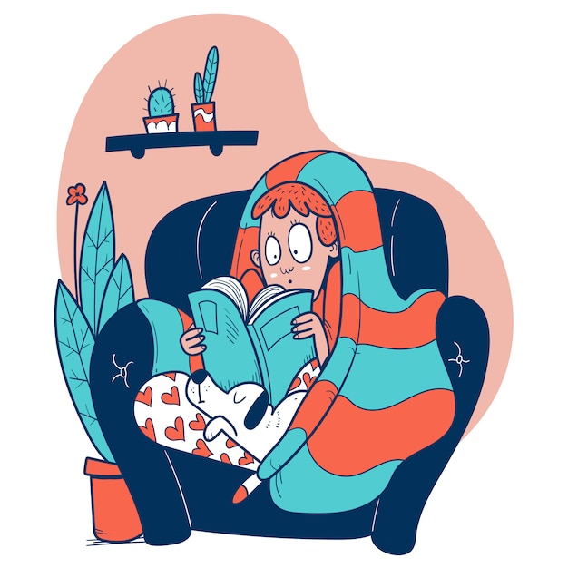 Girl on a couch reading a book