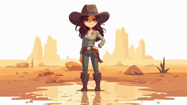 a girl in a cowboy hat stands in a puddle with the city behind her