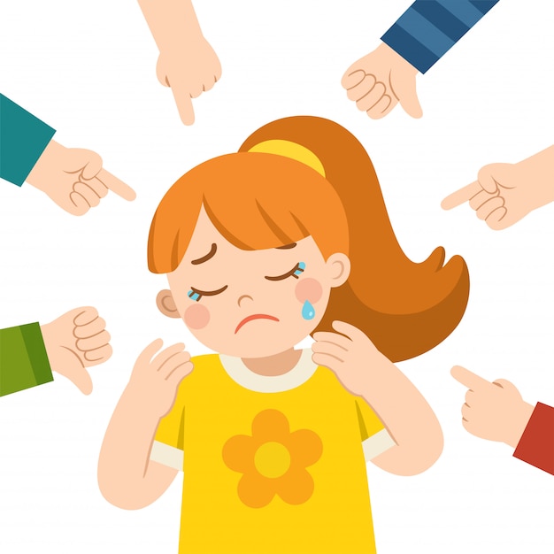 Girl crying and other kids pointing at her and laughing. Bullying at school. A girl in shame and hands with pointing finger. Victim Girl.